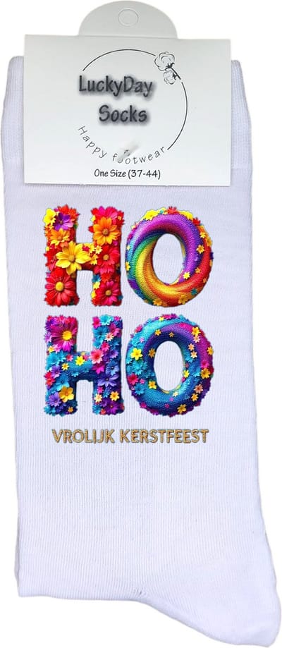 Kerst hohoho - Bloemen - Grappige sokken - Vrolijk kerstfeest - Kerstcadeau - LuckyDay Socks - Kerstsokken - Leuk kerst cadeau - Cadeau tip - Voor hem - Voor haar - Unisex - Maat 37-44