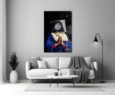 Modern Kunstwerk op Glas – Virgin Inspiratie – 72x46 cm – Stijlvolle Wanddecoratie op Gehard Glas