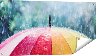Gards Tuinposter Regenboog Paraplu met Regen - 100x50 cm - Tuindoek - Tuindecoratie - Wanddecoratie buiten - Tuinschilderij