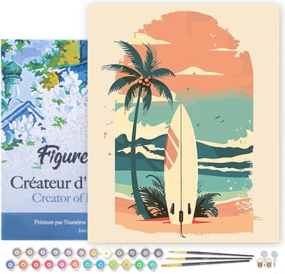 Figured'Art Schilderen op Nummer Volwassenen met lijst Surfplank op het strand- Handwerk acrylverf Kit DIY Compleet - 40x50cm Canvas al ingelijst