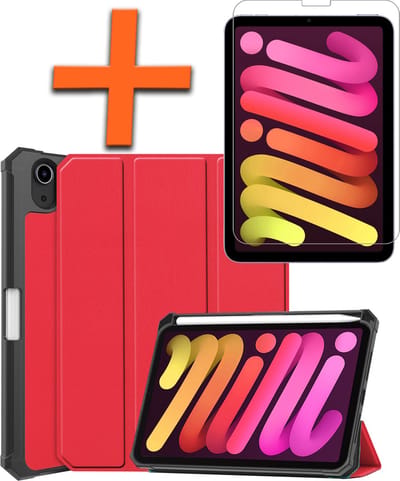 Hoesje - Geschikt voor Apple iPad Mini 6 (2021) - 8.3 inch - 6e Generatie - Met Screenprotector - Trifold Bookcase - Hard Cover Case - Met Uitsparing Geschikt voor Apple Pencil - Hardcover Book - Tablet Hoes - Rood