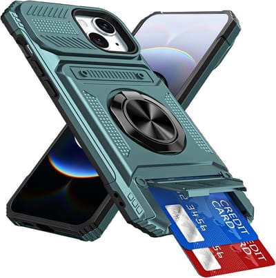 Case voor iPhone 13 met Kaartsleuf [Max 2 Kaarten] Ring Kickstand Schokbestendig Robuuste Beschermhoes in Groen