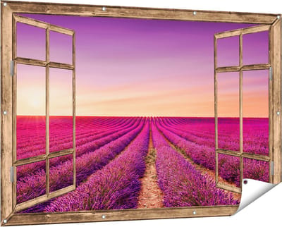 Gards Tuinposter Doorkijk Paarse Lavendel Bloemenveld - 150x100 cm - Tuindoek - Tuindecoratie - Wanddecoratie buiten - Tuinschilderij