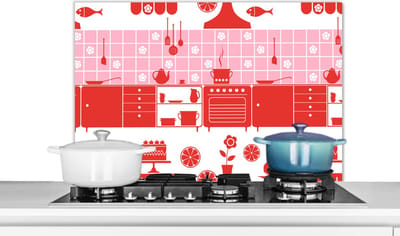 Spatscherm keuken 80x55 cm - Kookplaat achterwand Patronen - Pannen - Design - Huis - Roze - Muurbeschermer - Spatwand fornuis - Hoogwaardig aluminium
