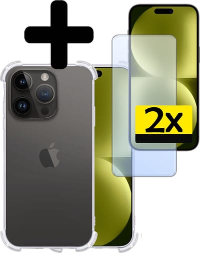 Hoesje - Met Screenprotector - 2 Stuks - Geschikt voor Apple iPhone 15 Pro - Sterk & Shockproof - Siliconen Case - Back Cover - Telefoon Hoes - Shock Proof - Telefoonhoesjes - Transparant