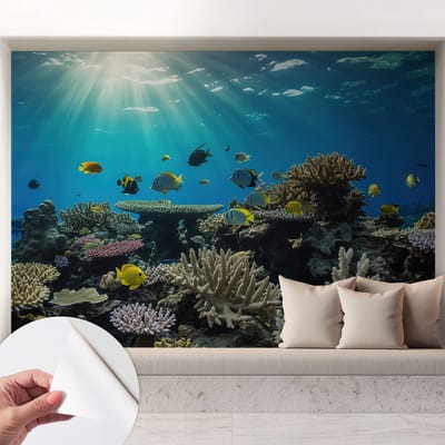 Coloray Zelfklevend Behang - Onderwaterwereld Zelfklevend fotobehang - 208x146 cm - Blauw Zelfklevend Behang - Voor de badkamer, woonkamer, slaapkamer - Peel-and-stick techniek - Stickerbehang op rol