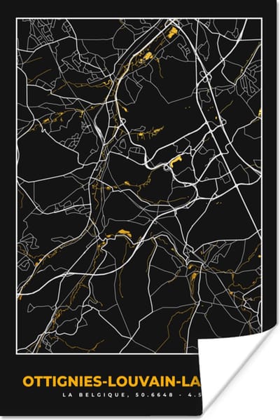 Poster Stadskaart - Plattegrond - Ottignies,Louvain-La-Neuve - Kaart - Goud - 120x180 cm XXL