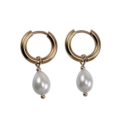 ∅15mm x 2,5mm Oorbellen Dames - Verguld RVS - Oorringen met Witte Druppelhangers