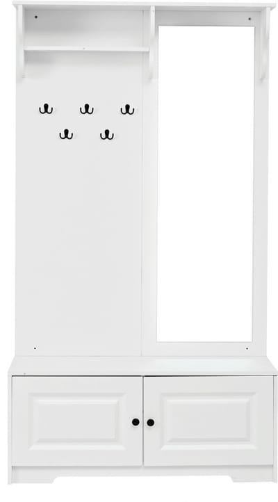 Halgarderobe met Spiegel, 100x40x180 cm, Schoenenbank met Opbergruimte, 5 Kledinghaken, 2 Kastjes, Multifunctioneel Halmeubel, Wit