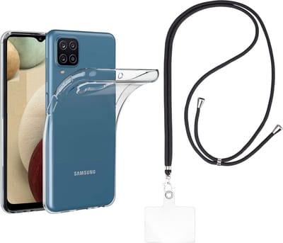 Set met hoesje en nekband voor Samsung Galaxy a12 - Flexibele, transparante TPU-bescherming, verstelbare universele nekband voor mobiele telefoons, zwarte nekband, transparante draagriem van Phonillico®