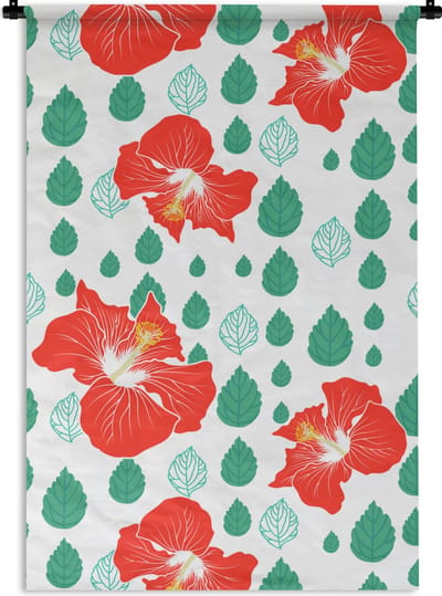 Wandkleed - Wanddoek - Hibiscus - Patronen - Hawaii - Bladeren - Bloem - 60x90 cm - Wandtapijt
