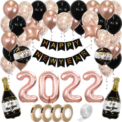Nieuwjaar Feest Artikelen Happy New Year Versiering Oud en Nieuw Decoratie NYE 2022 Helium Ballonnen Rose Goud 76 Stuks