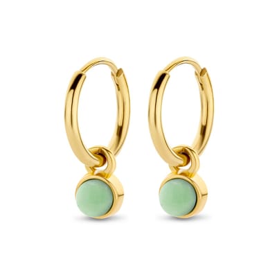 CO88 Collection Oorbellen Dames - Oorringen Met Hanger - Natuursteen - Ø7mm Aventurine - 16x2mm - Groen - Staal - Goudkleurig - 8CE-70416