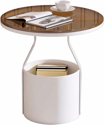 Ronde bijzettafel - Met opbergmand - Ruimte organiseren - Gehard glas blad - 50 x 50 cm - Wit zwart
