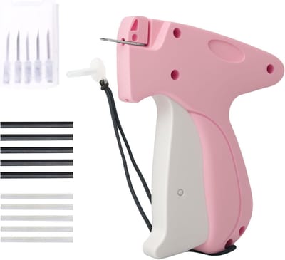 Textielpistool Starterset - Mini Textielpistool met 5 Naalden - 1000 Plastic Naalden - Labelmaker - Aanschiettang - Kleding Label Pistool - Snelle Fixeer Tool voor Jeans, Shirts en Jurken - voor snelle reparatie en fixatie kleding, hoeden - Roze
