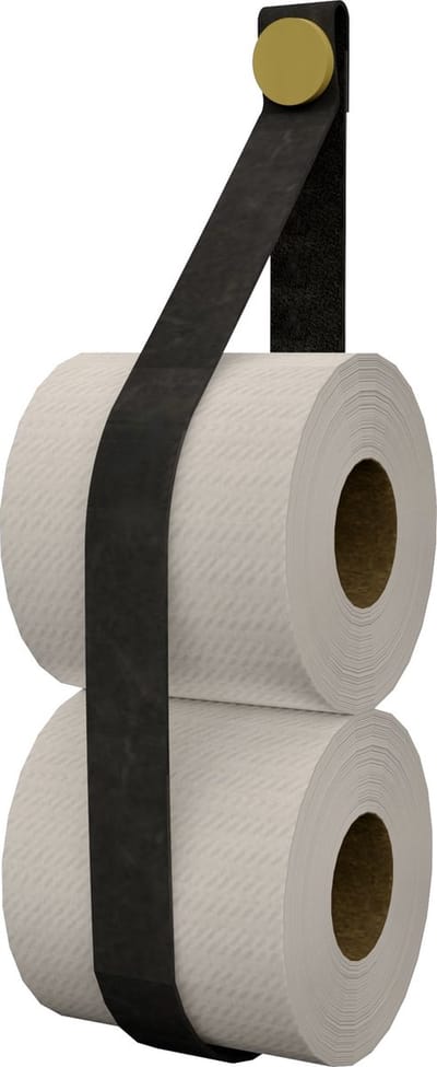 Leren toiletrol-voorraadhouder, met zuignap én schroef - Handles and more® | leer: VINTAGE BLACK / knop: Goud (reserverolhouder - toiletrolhouder - toiletrollen houder - toilet rol voorraad houder)