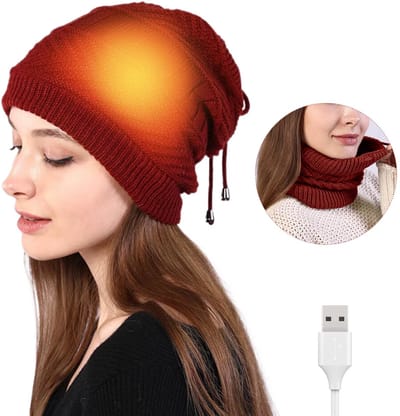 Elektrische Verwarmde Muts USB – Warme Wintermuts, Outdoor Gebreide Hoed, Verwarming Hoes voor Koude Dagen, Sjaal Inclusief - ROOD
