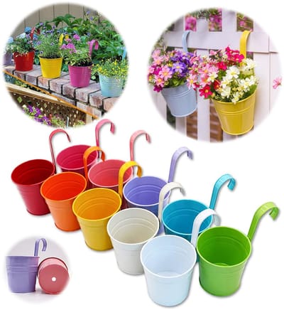 Dailygoody - Metalen bloempot - Bloempotten set - Ophanghaak - 10 stuks - Tuin decoratie - Balkon plantenbakken - Kleurvariatie