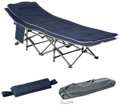Opvouwbaar kampeerbed, veldbed, opklapbed met kussen, zijvak, matras, logeerbed, draagvermogen tot 150 kg, reis, outdoor, Oxford donkerblauw, 188 x 64,5 x 53 cm