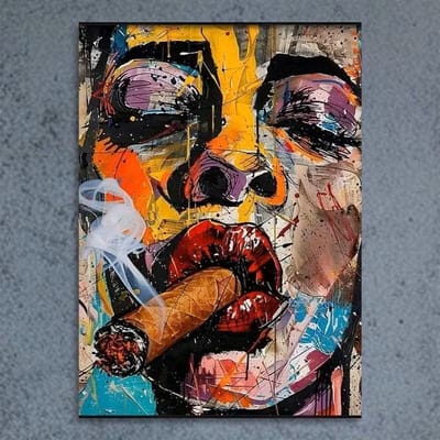 Canvas poster met lijst - Abstract portret - Cuban sigar - Street art vrouw - Kleurrijke graffiti kunst - Moderne wanddecoratie - 30x40 cm - met lijst - Ingelijst - trendy