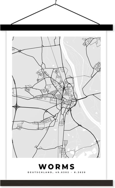 Posterhanger incl. Poster 40x60 cm - Schoolplaat - Plattegrond - Worms - Kaart - Stadskaart - Duitsland - Textielposter - Zwarte latten - Stadskaart