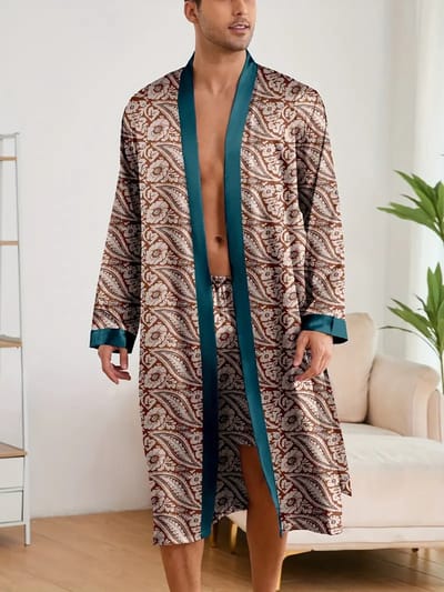ochtendjas badjas pyjama satijn heren nachtkleding groen beige bruin print goedkoop huispak comfort mannen glans reverkraag knopen elastisch lange mouwen lange broek