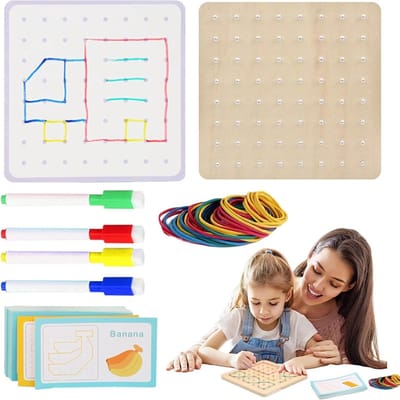 Houten Geoboard - Patroonblokken Geo Board - Fijne motoriek - Veilig afgeronde hoeken - 16.5 cm - Houtkleur