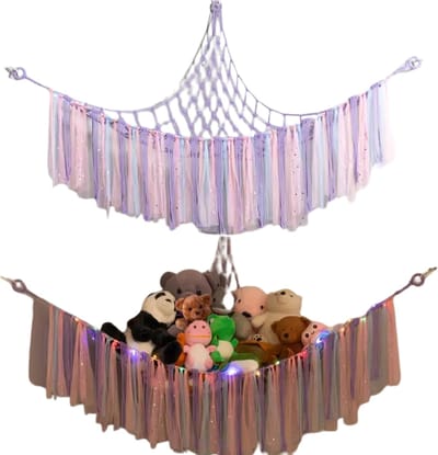 Nivard Knuffel Net - Hangmat - Speelgoed - Opbergsysteem - Hangmat Voor Knuffels - Organizer - Paars - Met Lampjes