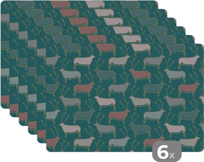 Placemat - Placemats kunststof - Patronen - Hert - Groen - 45x30 cm - 6 stuks - Hittebestendig - Anti-Slip - Onderlegger - Afneembaar