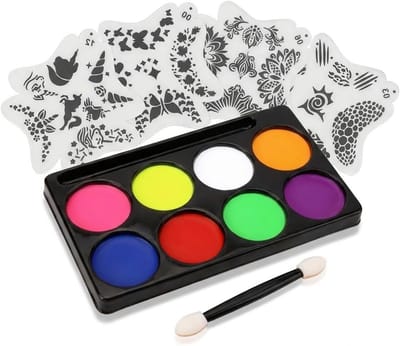 Kleurrijke Carnaval Make-up Set met 8 Kleuren en 4 Witte Sjablonen voor Kinderen, Perfect voor Feestjes en Verjaardagen