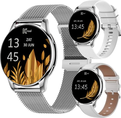 Kiraal Valencia AMOLED Smartwatch voor Dames - RVS, Lederen en Siliconen Bandje - Multisport - Slaapmonitor - Stappenteller - Hartslagmeter - Compatibel met Android en iOS - Zilver en Wit