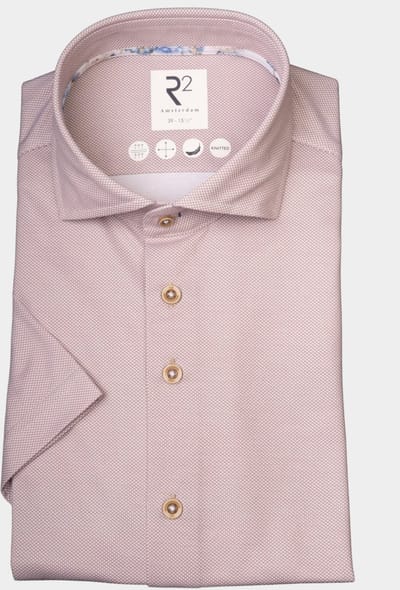 R2 Overhemd Korte Mouwen Knitted Piqué Beige - Maat 41 - Heren - Overhemden Casual