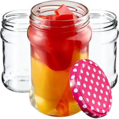KADAX Kleine inmaakpotten, 315 ml, diameter 66 mm, potten voor honing, jampotten met deksel, luchtdichte, ronde potten (10 stuks, roze gestippeld)