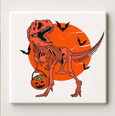 Halloween Dinosaurus Tegel – 15x15cm T-Rex Skelet Keramische Wanddecoratie | Griezelige Halloween Decoratie & Cadeau voor Dino Liefhebbers