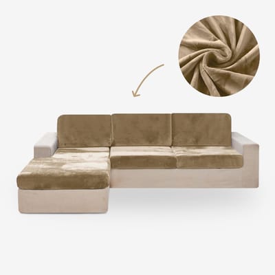 BankhoesDiscounter Velvet L-vorm Zitkussen Hoes – Bankhoes Stretch – Kussenhoezen – Bankbeschermer voor Hoekbank – Zetelhoes & Zetelbeschermer - Sofa Cover - Camel