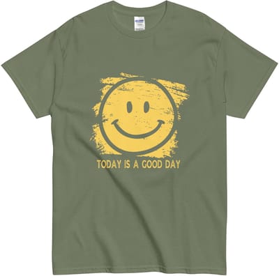 Happy Day T-shirt met Smiley - Positieve Boodschap - Dames Heren - Katoen - Khaki Groen – S