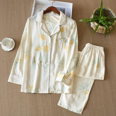 Japanse Stijl Nieuwe Lente- en Zomer Damespyjama's Viscosevezel Zijde Lange Mouwen Broek Pak Bloemenprint Home Service M beige