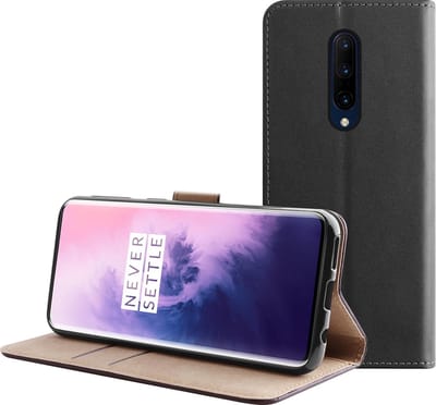 BMAX Leren book case hoesje geschikt voor OnePlus 7 Pro / Lederen book cover / Beschermhoesje / Telefoonhoesje / Hard case / Telefoonbescherming - Zwart