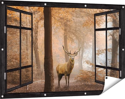 Gards Tuinposter Doorkijk Hert in het Bos - Herfst - 120x80 cm - Tuindoek - Tuindecoratie - Wanddecoratie buiten - Tuinschilderij