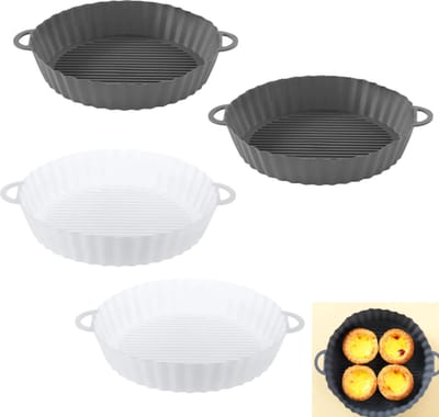4 stuks– Bakvormen voor airfryer – Siliconen schalen – Siliconen matten – Siliconen inzetstukken – Airfryermandjes – Hittebestendig – Antiaanbaklaag – Wit & Zwart – 18.5 x 21 x 4 cm – Ovenbestendig