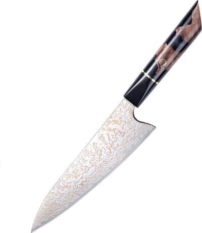 Paudin TI1 Professioneel Koksmes 20 cm - Keukenmes – Echt Damascus Staal met Koper – Sierlijk Handvat van Hout en Epoxy
