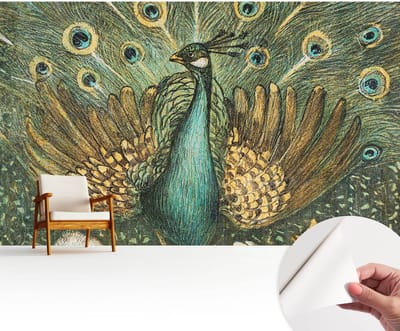 Wallfluent Zelfklevend Behang - Majestueuze pauw Stickerbehang op rol - 416x254 cm - Groente Zelfklevend Behang - Plakklare achterzijde - Voor de woonkamer, slaapkamer en kantoor Zelfklevend Behang
