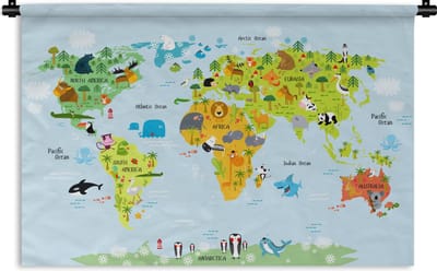 Wandkleed Eigen Wereldkaarten - Wereldkaart voor kinderen Dieren Wandkleed katoen 60x40 cm - Wandtapijt met foto