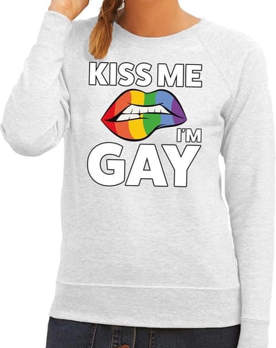 Kiss me I am gay sweater grijs dames - feest shirts dames - gay pride kleding XS