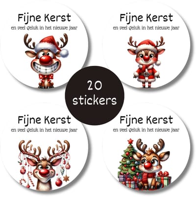 Kerststickers Rendier – 20 ronde stickers – Fijne Kerst en veel geluk in het nieuwe jaar – Stickervel met 4 ontwerpen
