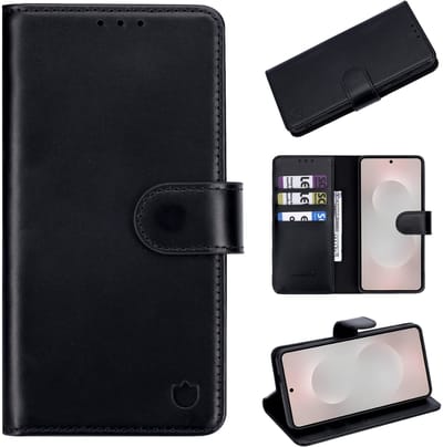 Casemania Echt Leren Hoesje Geschikt voor Samsung Galaxy S26 - Onyx Black - Leer 2 in 1 Magnetisch Afneembare Book Case - Portemonnee Hoes met Pasjeshouder - Geschikt voor MagSafe