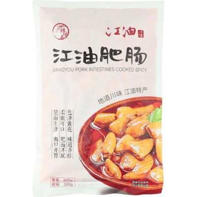 Laweiju La Wei Ju Jiangyou varkensdarmen, gekookt, pittig, 600 g