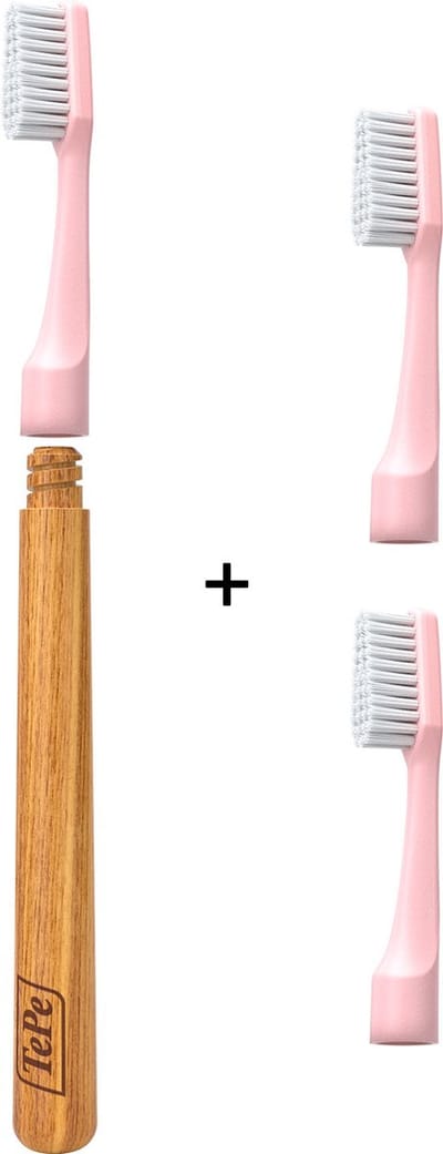 TePe Choice™ Tandenborstel – duurzame tandenborstel – met drie vervangbare tandenborstel opzetborstels – Roze