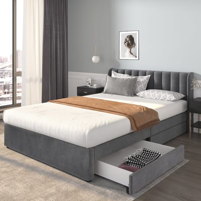 SINGULARITY-Gestoffeerd bed 140 x 200 cm fluweel met lattenbodem- rugleuning- 2 laden- grijs- zonder matras