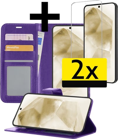 Hoesje - Met 2x Screenprotector - Geschikt voor Samsung Galaxy A55 - Luxe Pasjeshouder - Bookcase Portemonee - Flip Case - Kunstleer Book Case - Flipcase Hoes - Book Cover - Walletcase - Portemonneehoes - Telefoonhoesjes - Paars
